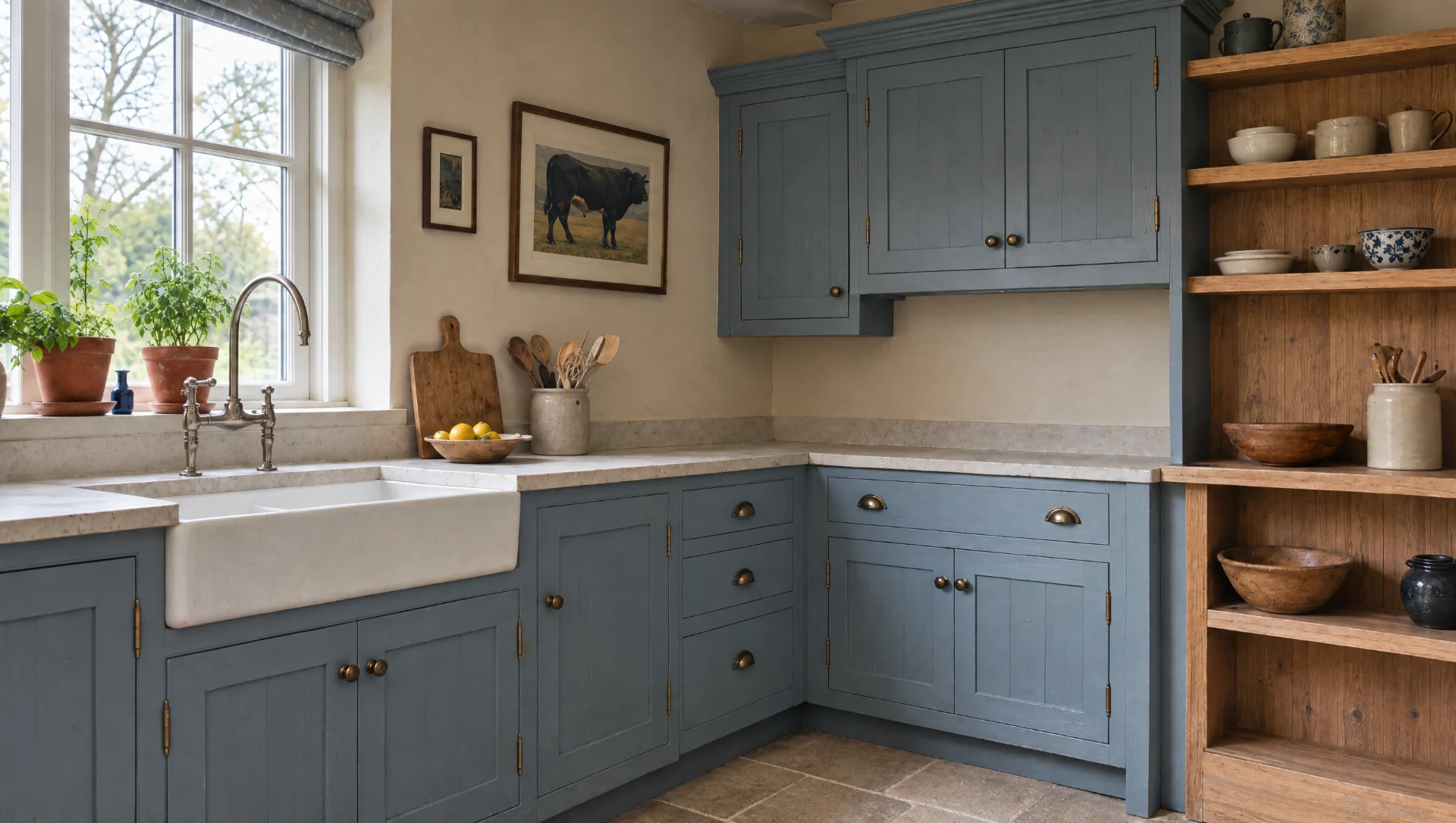 Open shelving to a corner of a painted farmhouse kitchen, The Farmhouse range by Square & True