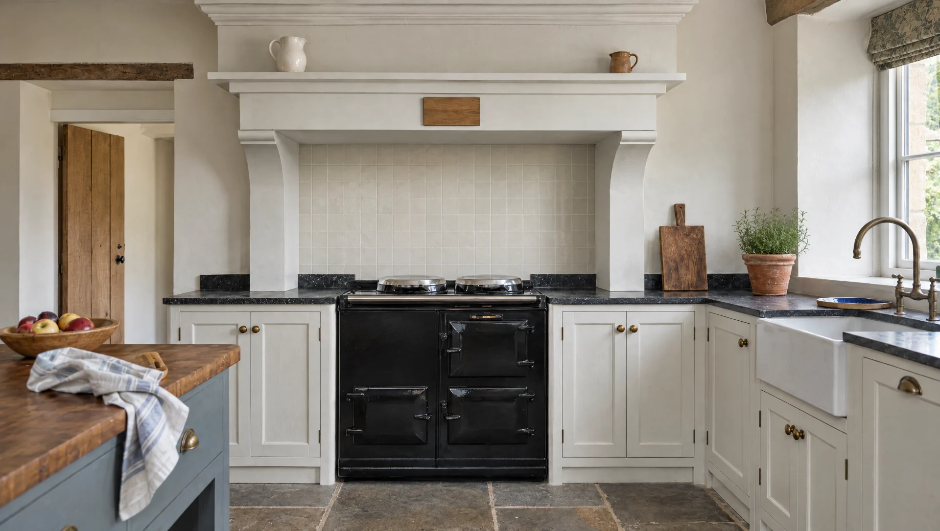 A range set into a painted mantel in daylight.