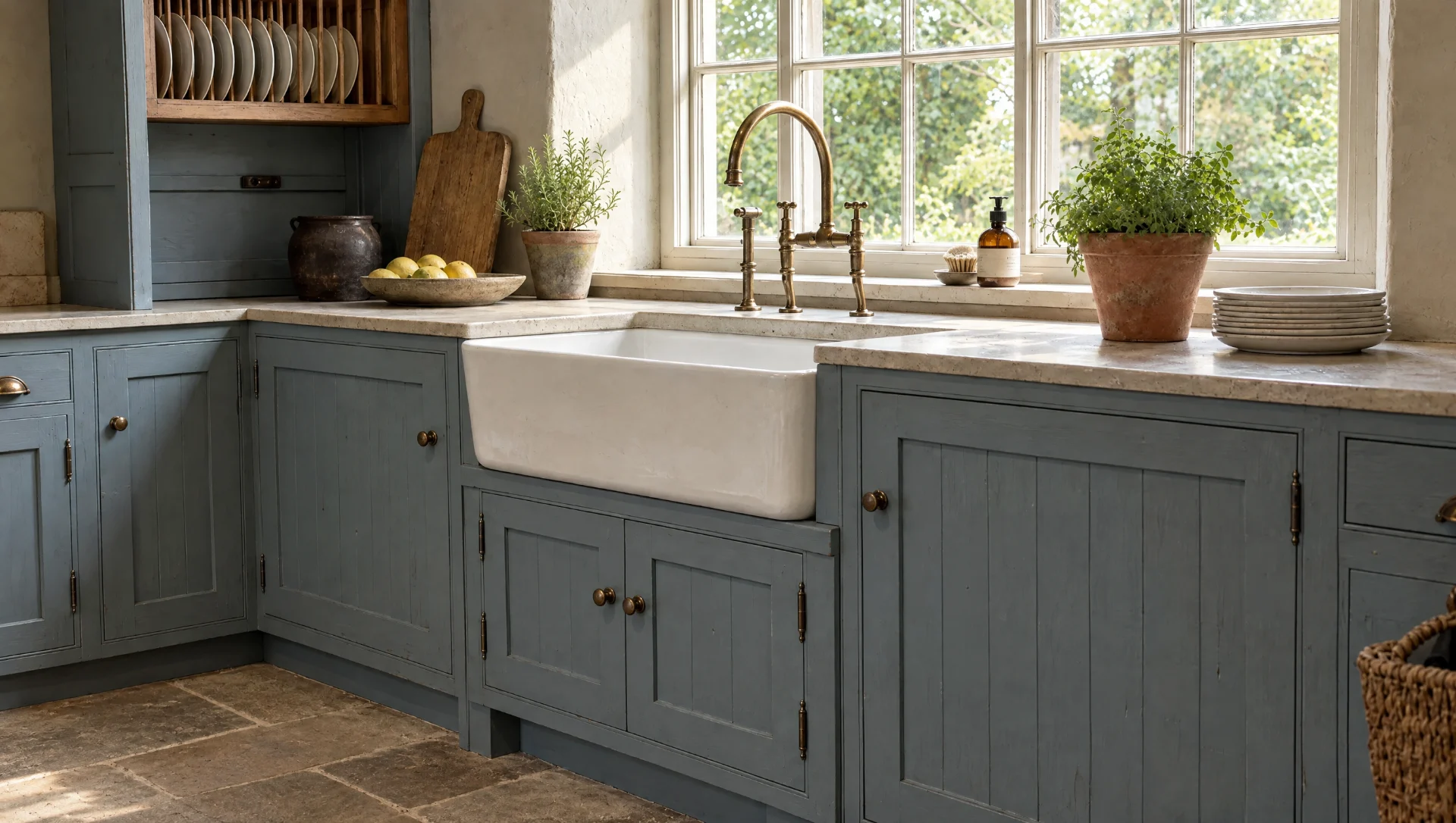 A fireclay butler sink under a window in a painted in-frame run, the working end of a kitchen