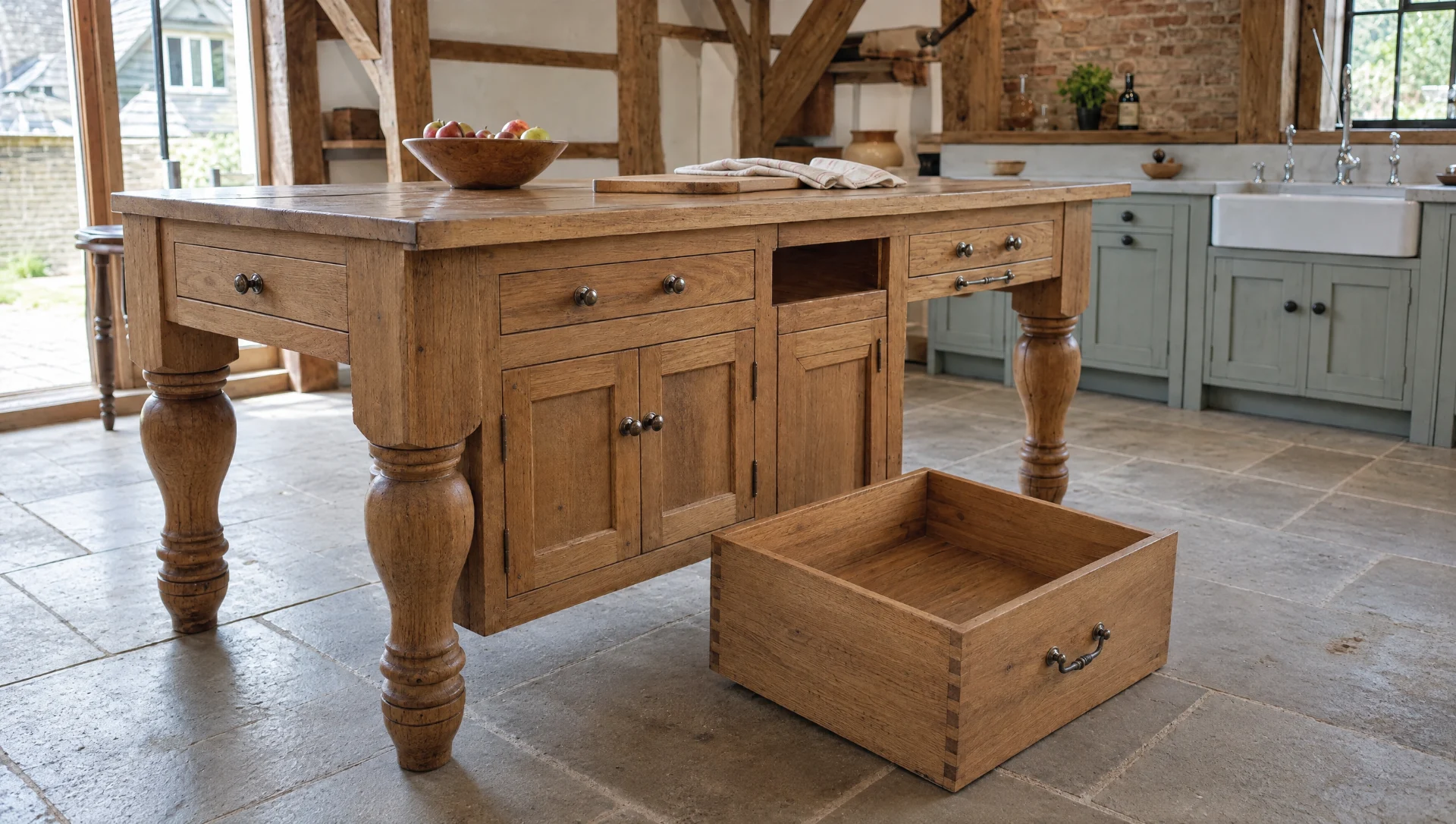 A fitted drawer in the island, open, with solid oak cutlery dividers, Square & True