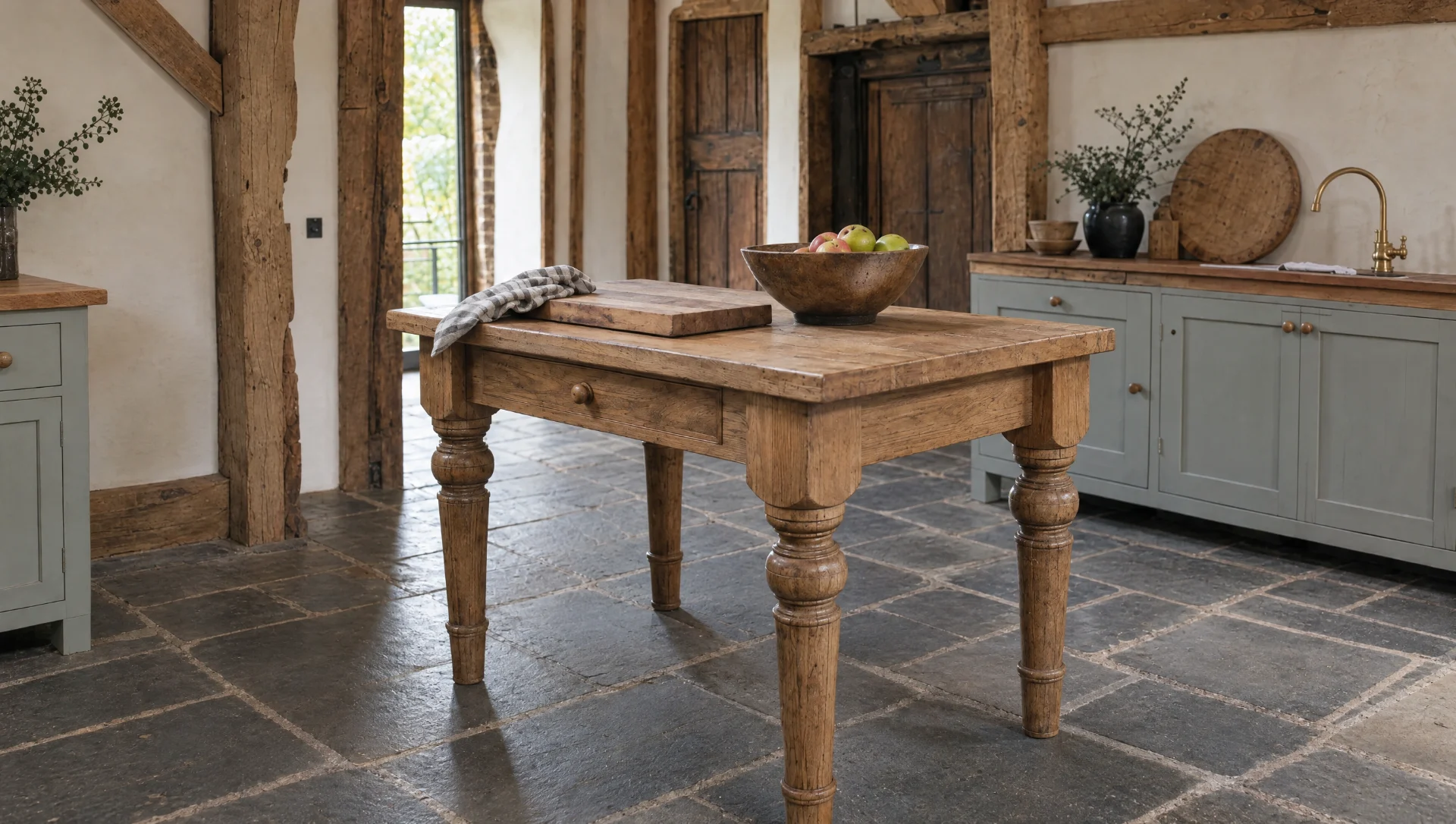 A freestanding oak prep table standing clear of the wall, Modular & Freestanding by Square & True