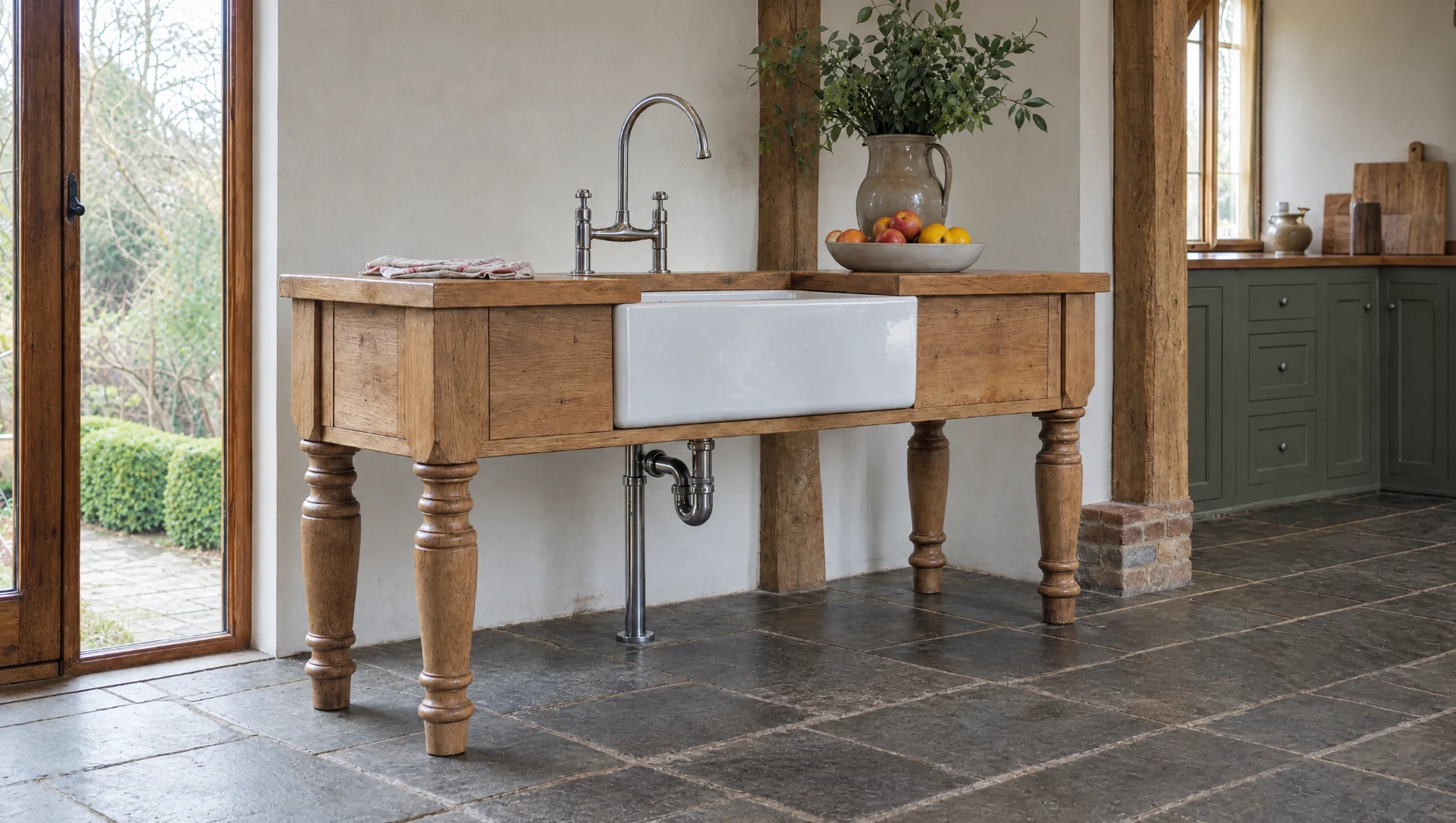 A freestanding oak sink stand with a fireclay sink, Modular & Freestanding by Square & True