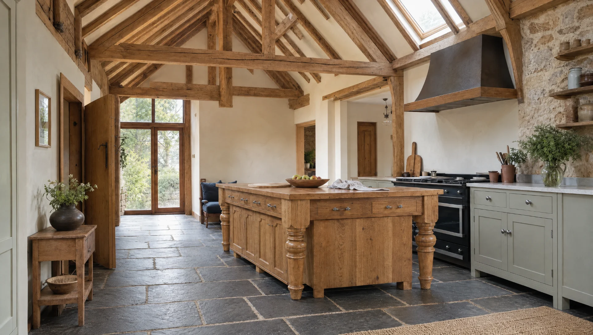 A solid oak island on turned legs standing clear of the run, Modular & Freestanding by Square & True
