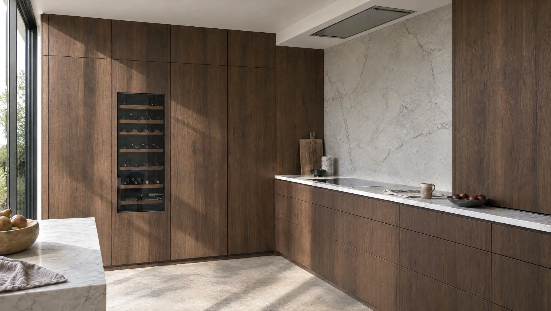 A corner of flush handleless cabinetry seen obliquely.