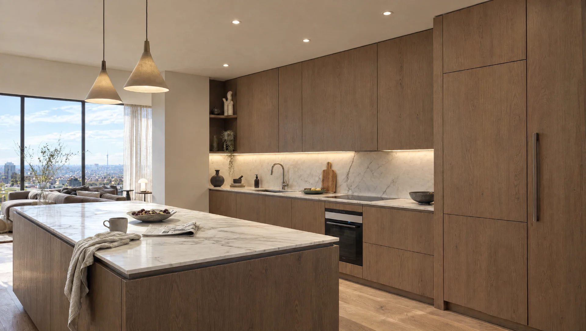 A flush handleless kitchen under warm evening light.