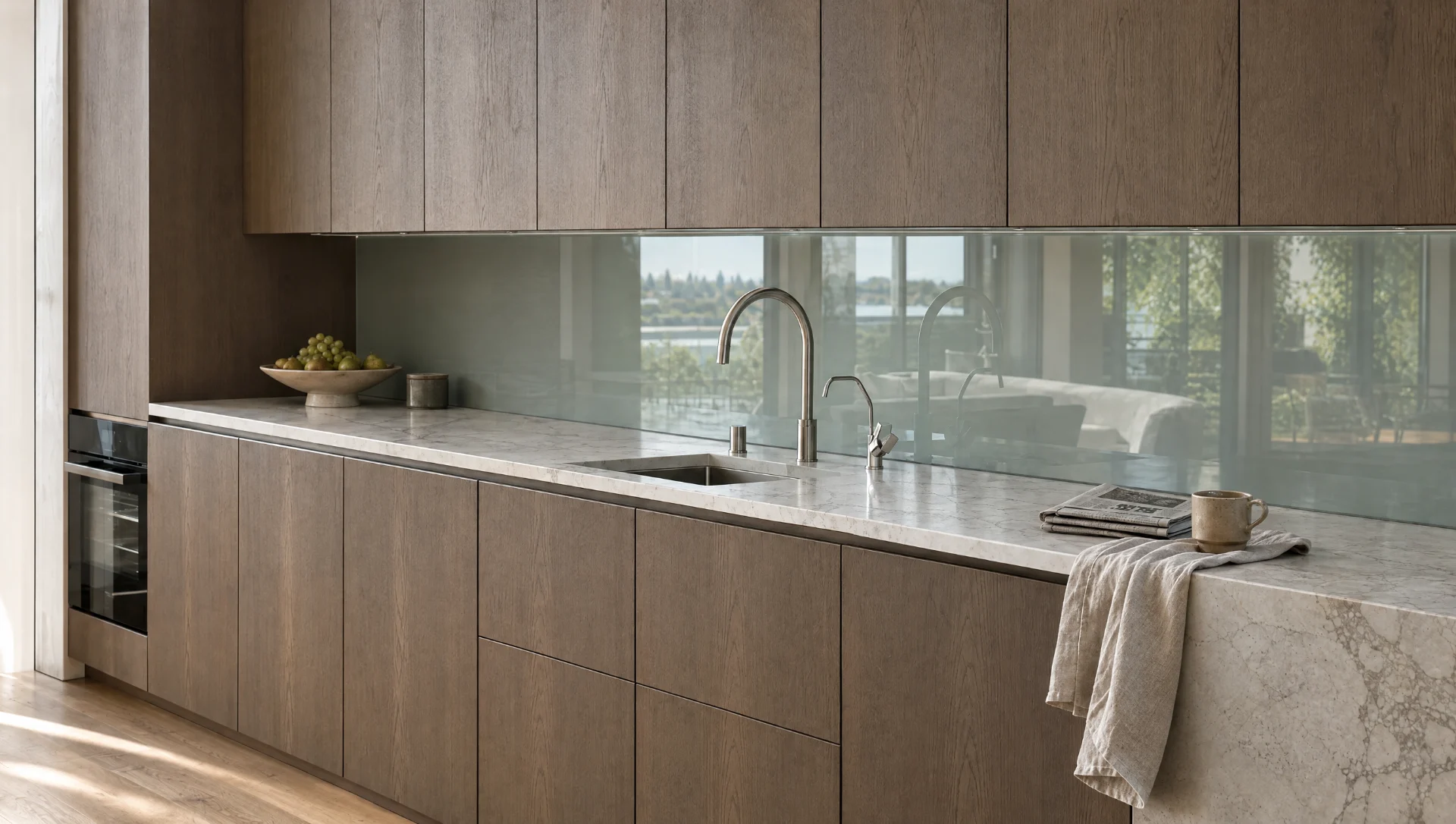 A sprayed handleless run with a glass splashback, The Kensington range by Square & True