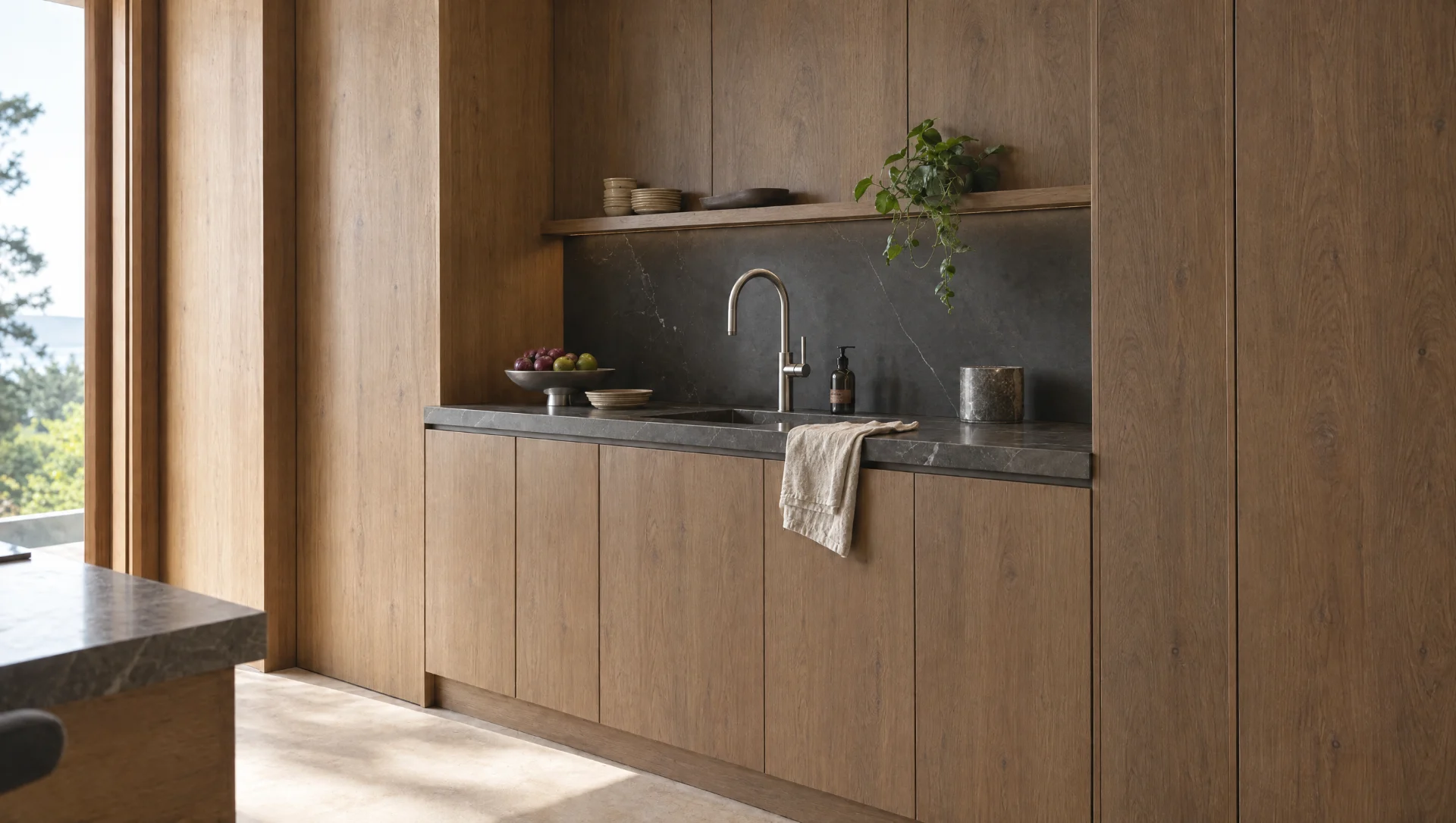 A sprayed utility run with a stone top, the room that carries the work behind the kitchen