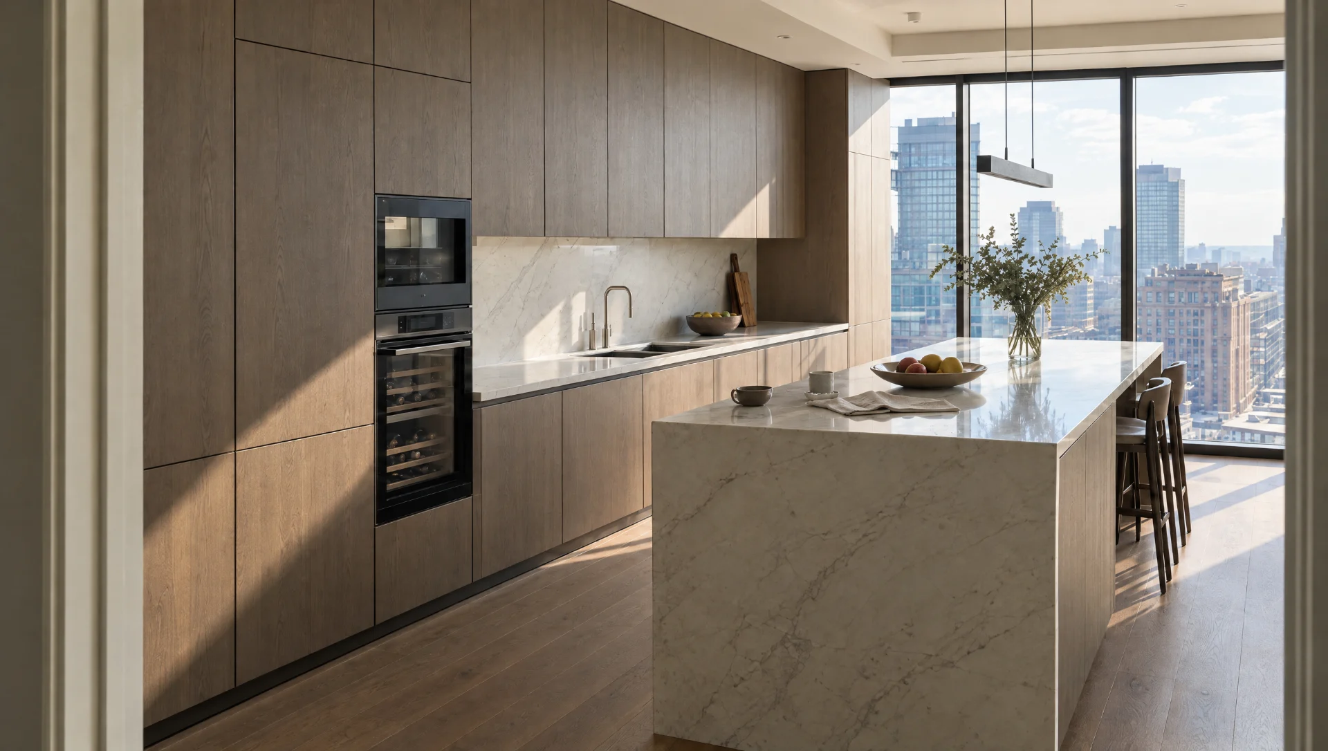 The Kensington — sprayed handleless kitchen in book-matched veneer, Square & True
