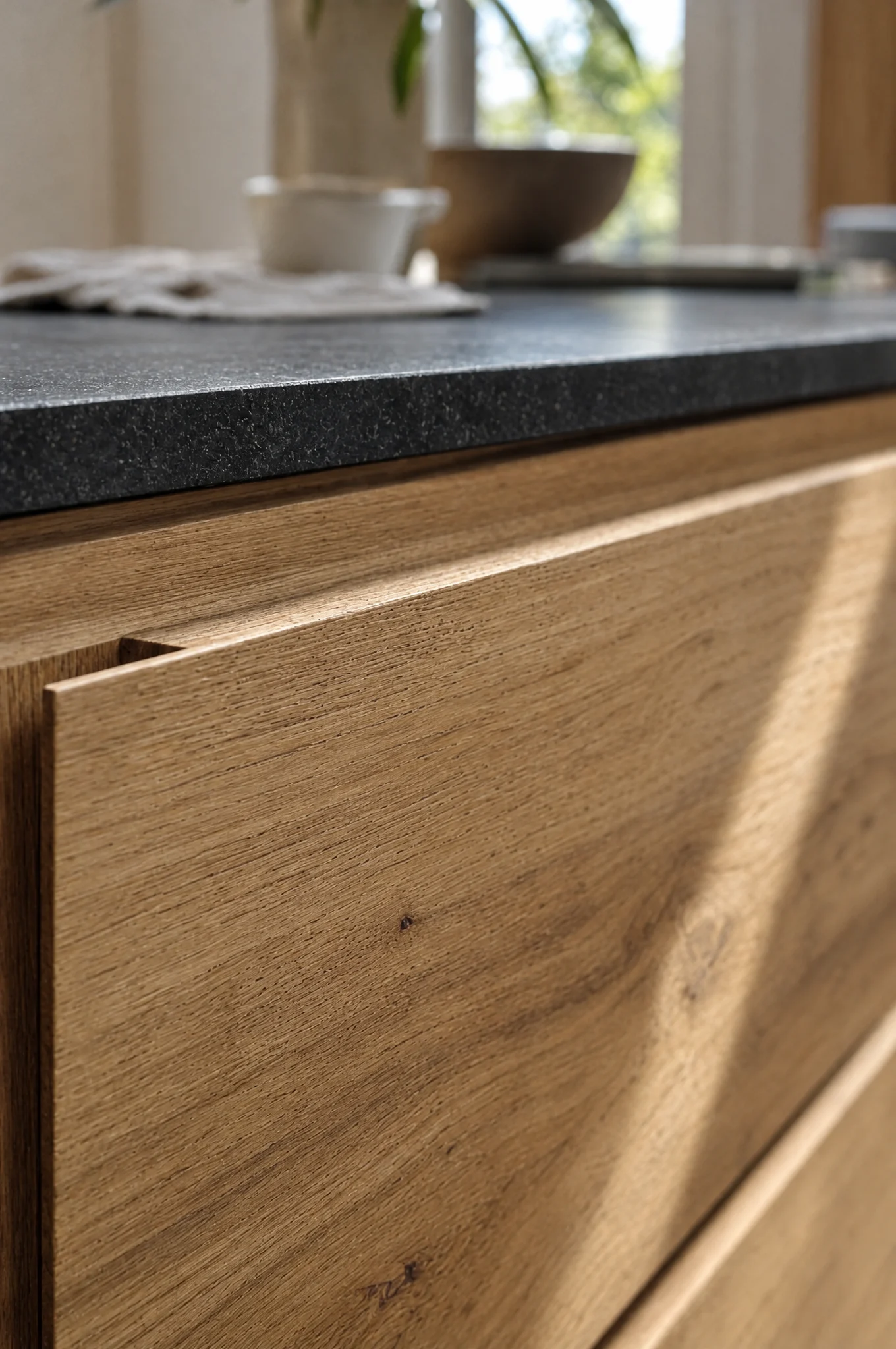 Detail of a handleless finger-jointed solid oak front, The Scandi range by Square & True