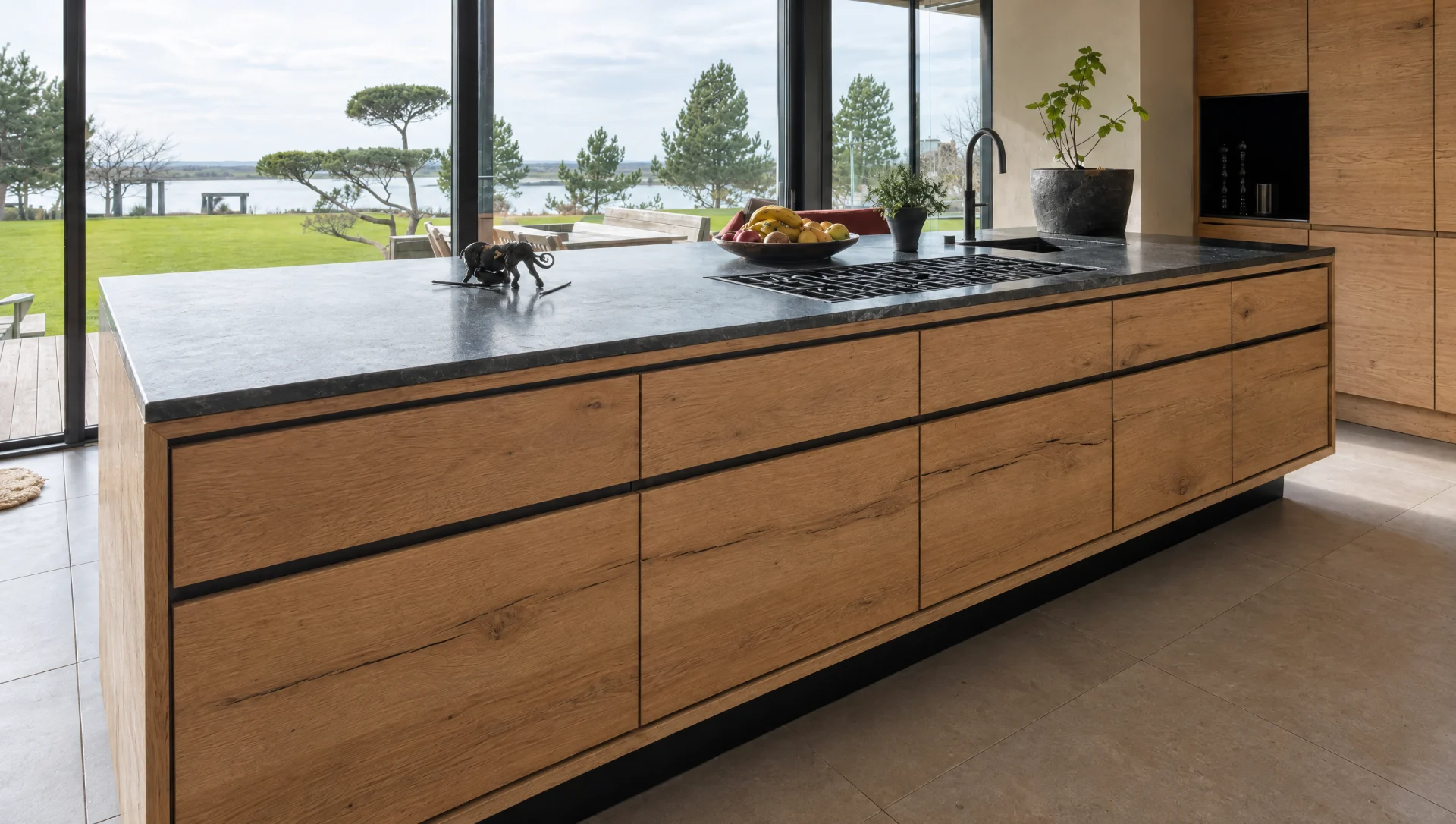 The sink run in matt black with a stone top, The Scandi range by Square & True