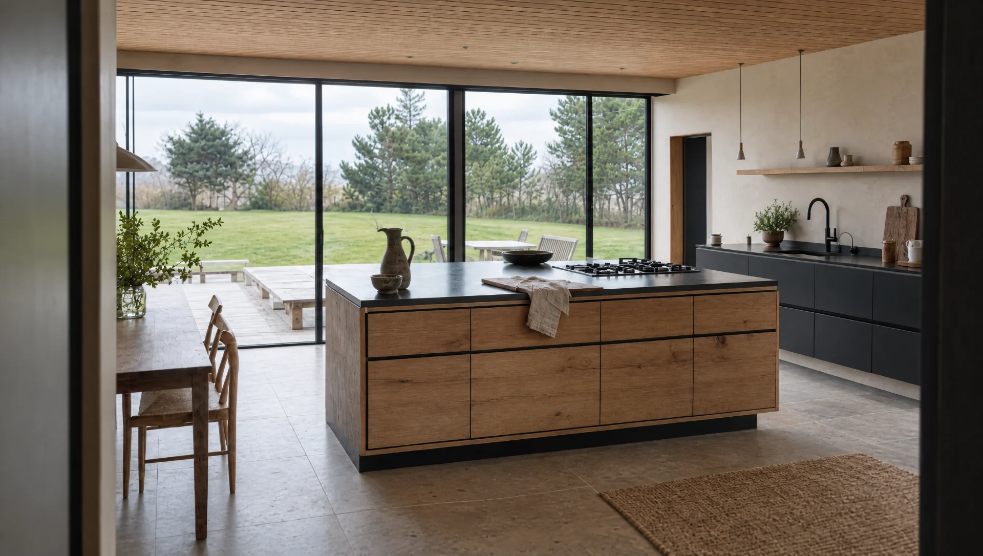 The Scandi — handleless character oak against matt black, under a boarded ceiling, with full-height glazing to the garden