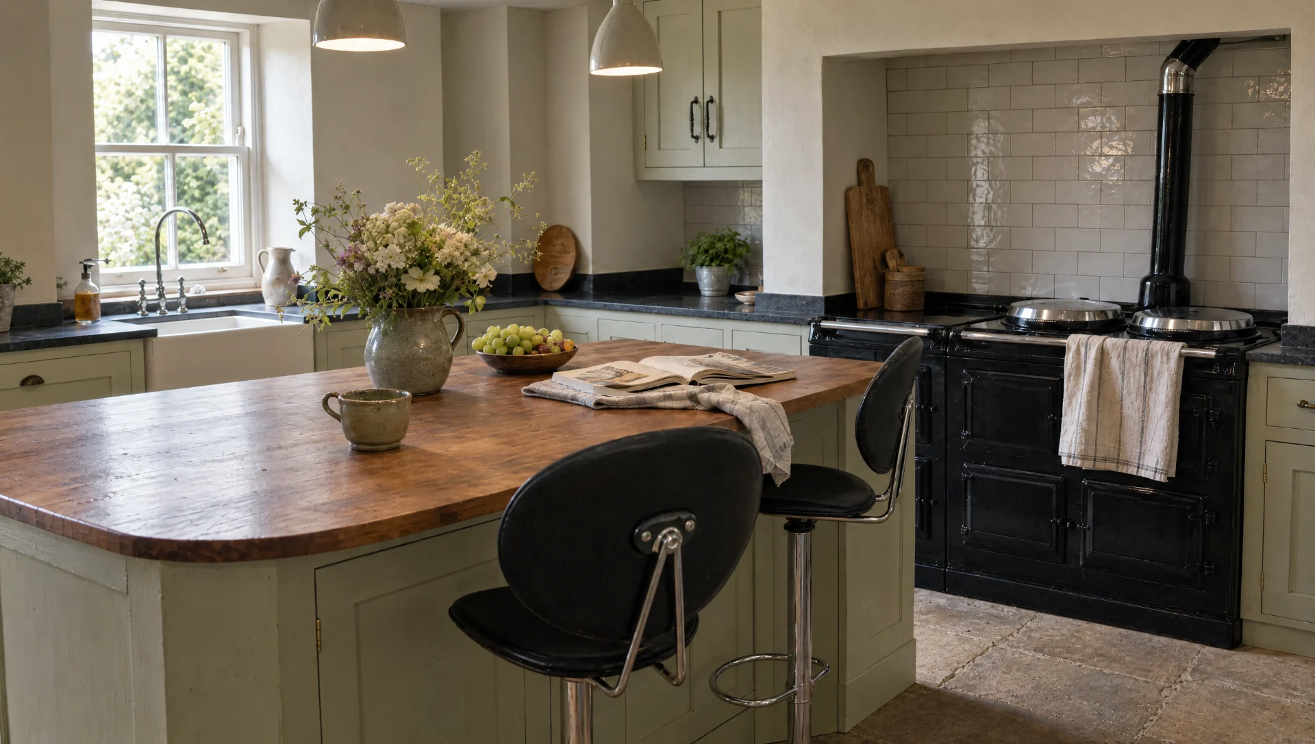 A walnut-topped breakfast bar to the island end, The Suffolk hand-painted kitchen by Square & True