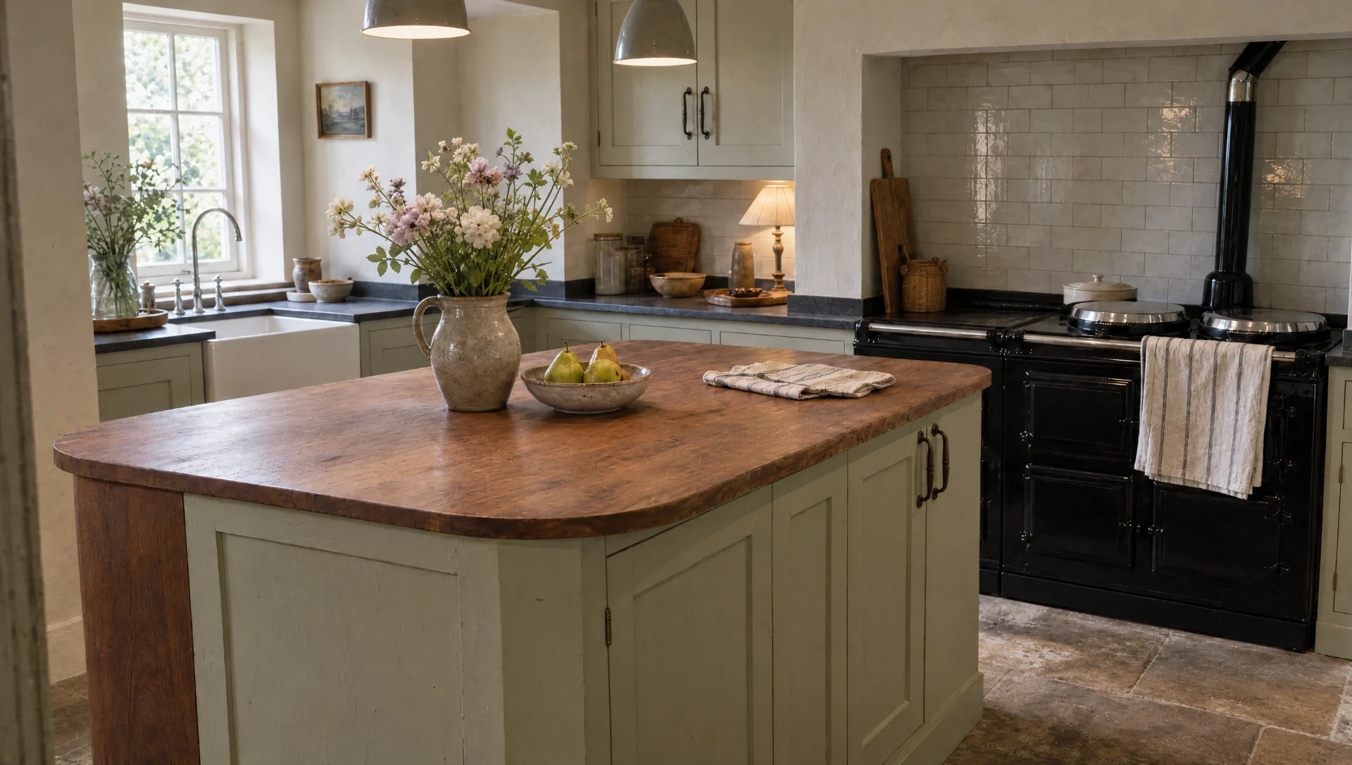 The curved walnut end to a run of hand-painted cabinets, The Suffolk range by Square & True