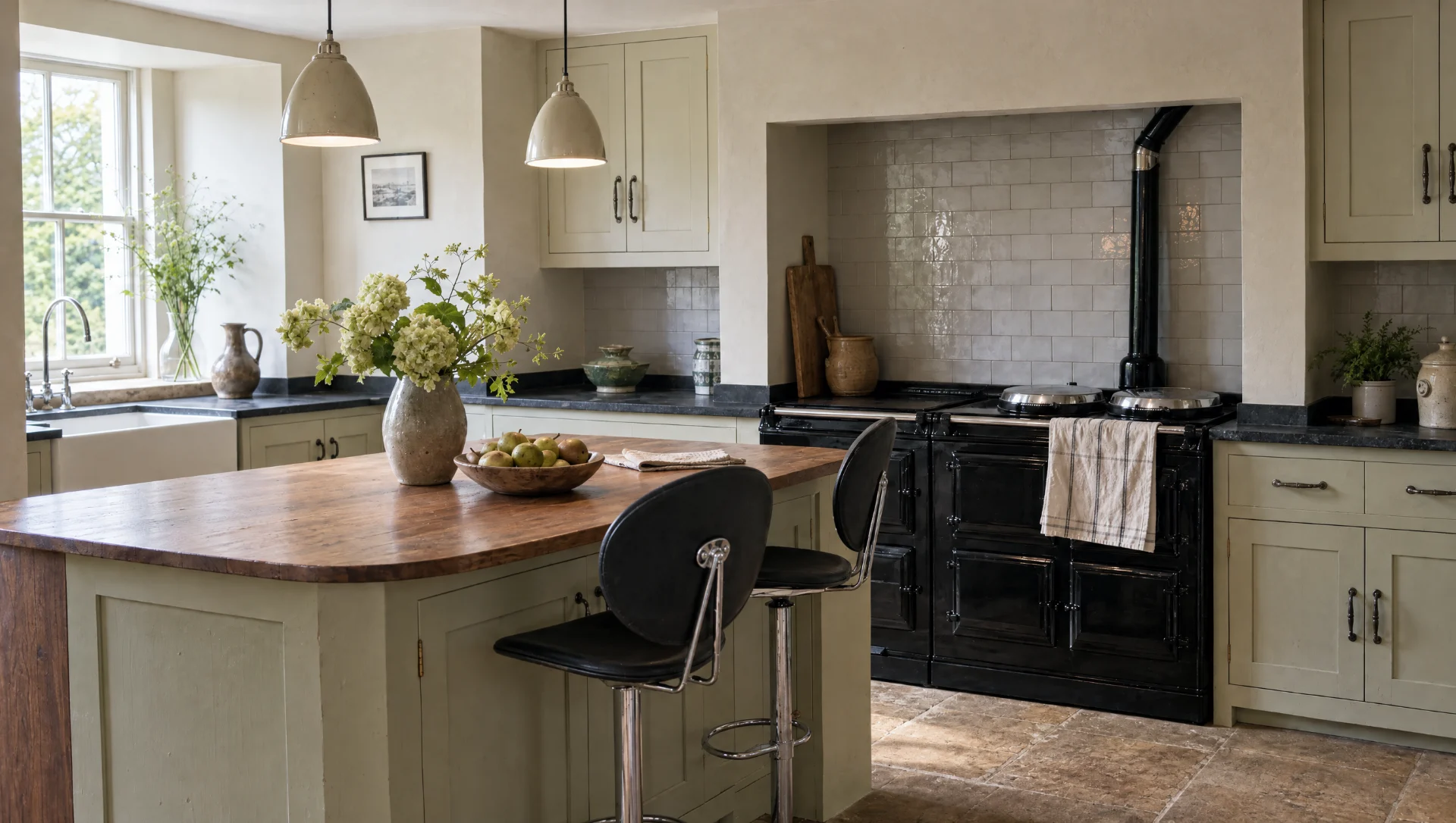 Bespoke painted chimneypiece built around a range cooker in a Suffolk kitchen