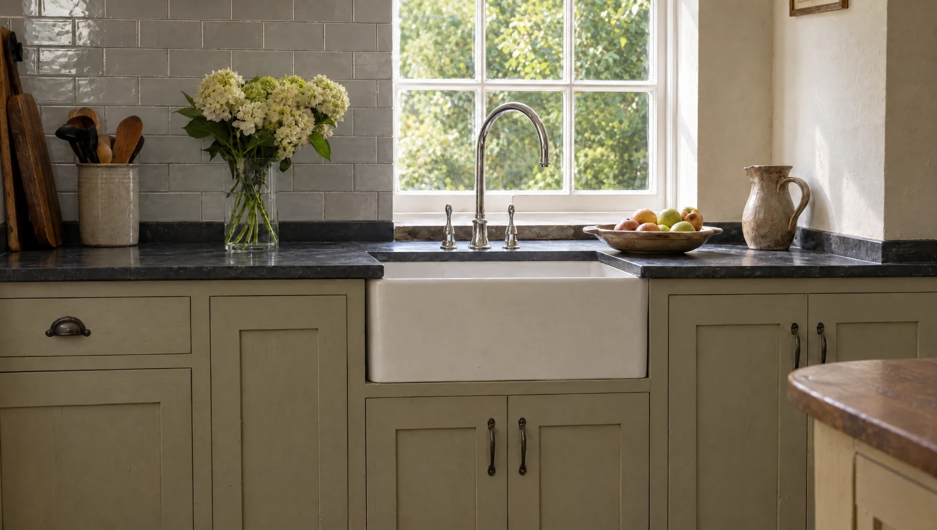 Hand-painted in-frame kitchen run made by Square and True for a Suffolk house