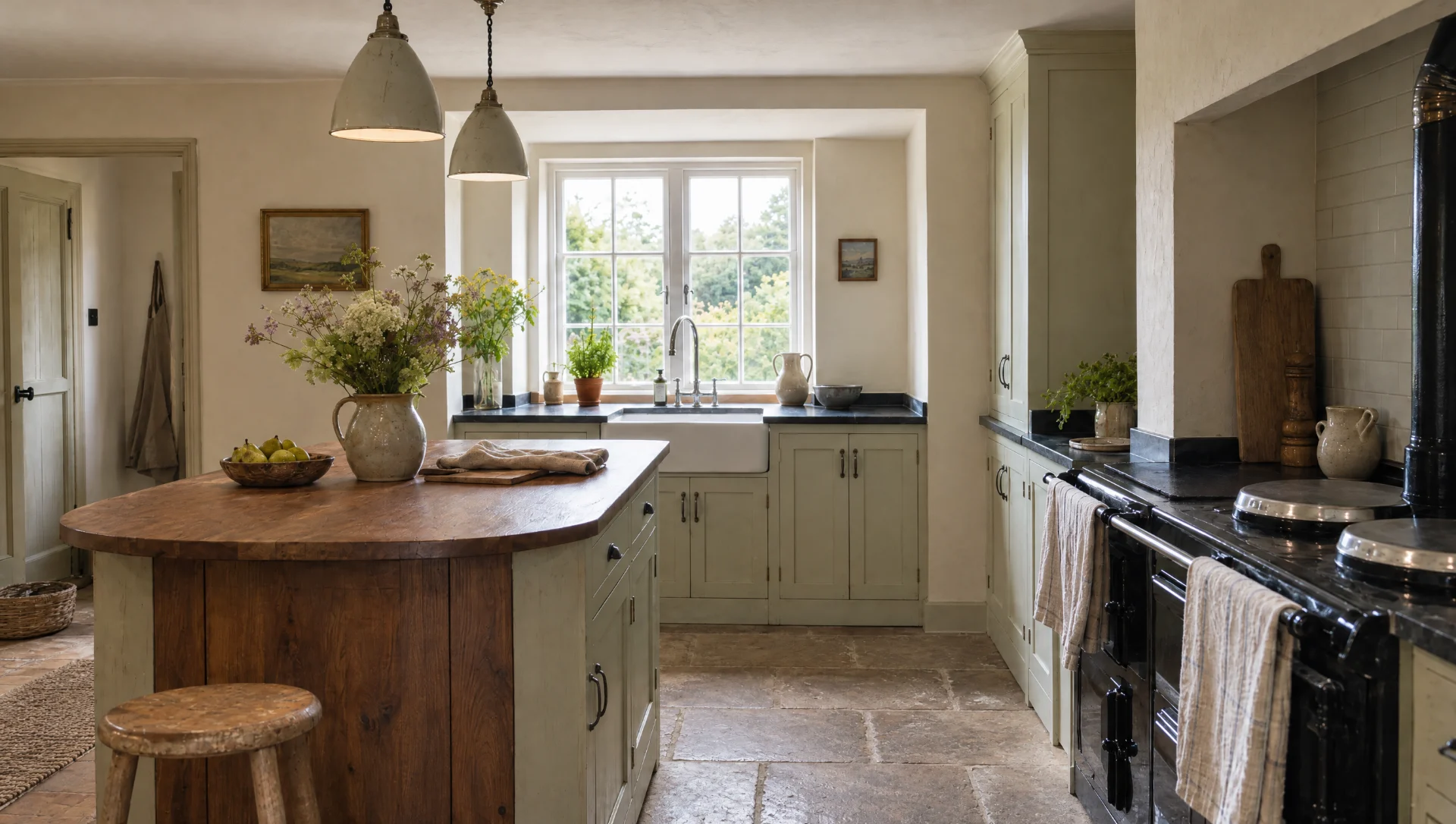 The Suffolk seen from the garden door, hand-painted in-frame cabinetry with a stone worktop, Square & True