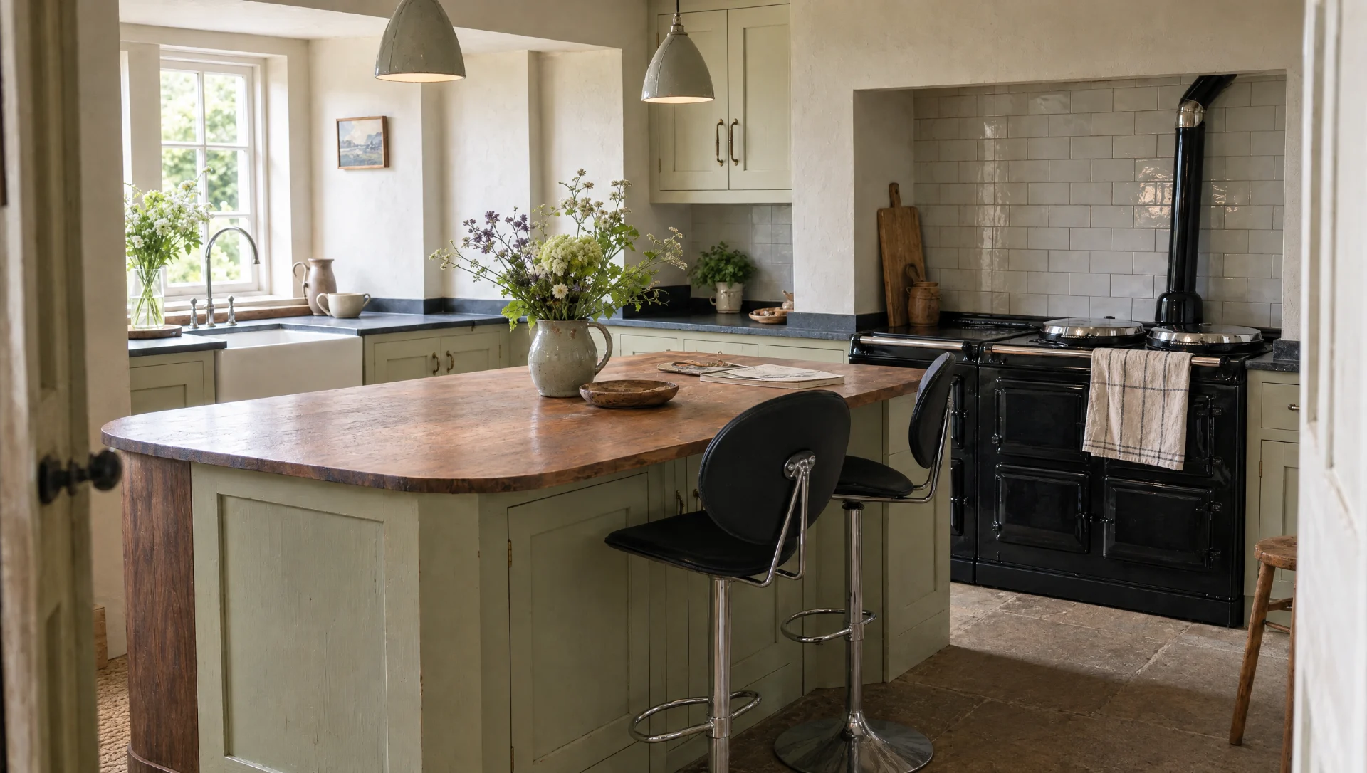 The Suffolk — sage-green in-frame cabinetry with a walnut island top and black stone worktops, and a range set in a tiled chimney recess